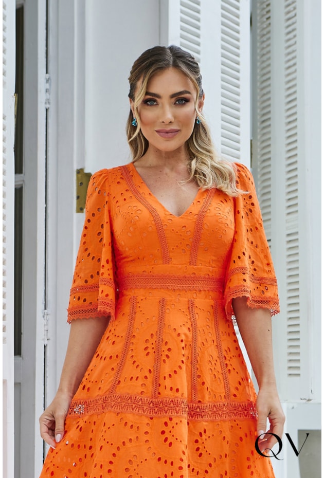 VESTIDO LAISE DECOTE V LARANJA - DOCE MARIA