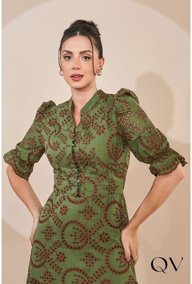 Vestido Laise Gola Padre Verde Jany Pim Moda Evangélica Feminina