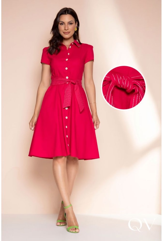 VESTIDO LINHO GOLA TRADICIONAL CEREJA - LEKAZIS VESTIDO LINHO GOLA TRADICIONAL CEREJA - LEKAZIS