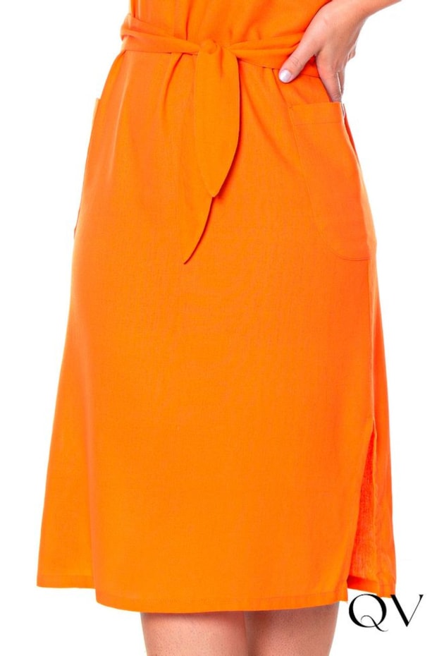 VESTIDO LINHO MAXI MIDI COM FAIXA LARANJA - HAPUK