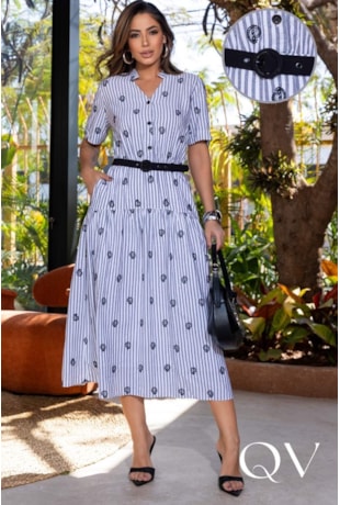VESTIDO LISTRADO BORDADO EM VOIL AZUL - LUZIA FAZZOLLI