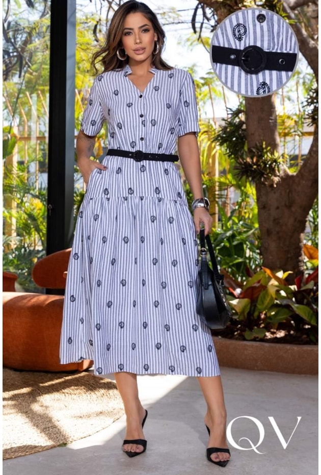VESTIDO LISTRADO BORDADO EM VOIL AZUL - LUZIA FAZZOLLI