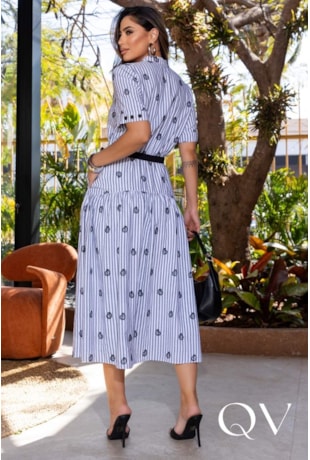 VESTIDO LISTRADO BORDADO EM VOIL AZUL - LUZIA FAZZOLLI
