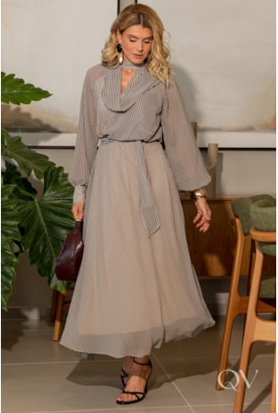 VESTIDO LISTRADO EM CHIFFON PRETO - LUZIA FAZZOLLI