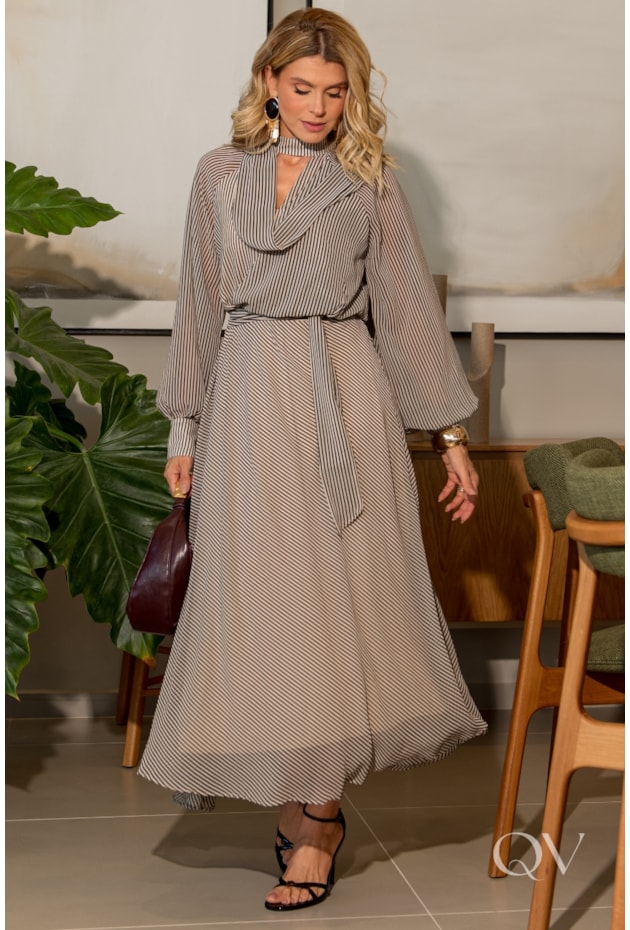 VESTIDO LISTRADO EM CHIFFON PRETO - LUZIA FAZZOLLI