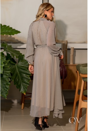 VESTIDO LISTRADO EM CHIFFON PRETO - LUZIA FAZZOLLI