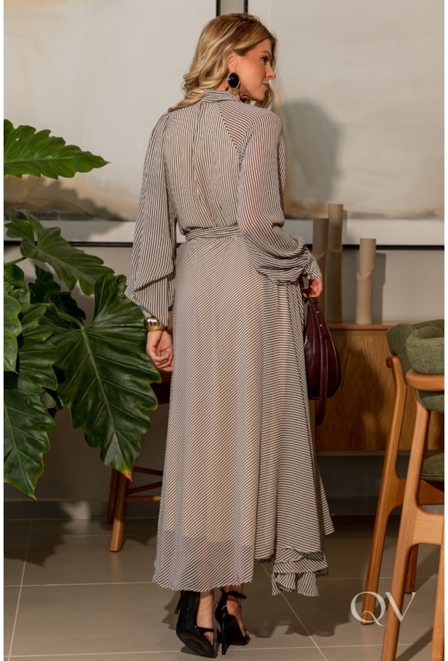 VESTIDO LISTRADO EM CHIFFON PRETO - LUZIA FAZZOLLI
