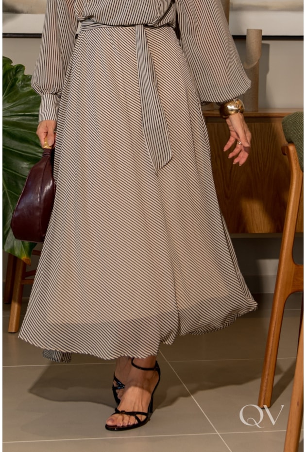 VESTIDO LISTRADO EM CHIFFON PRETO - LUZIA FAZZOLLI