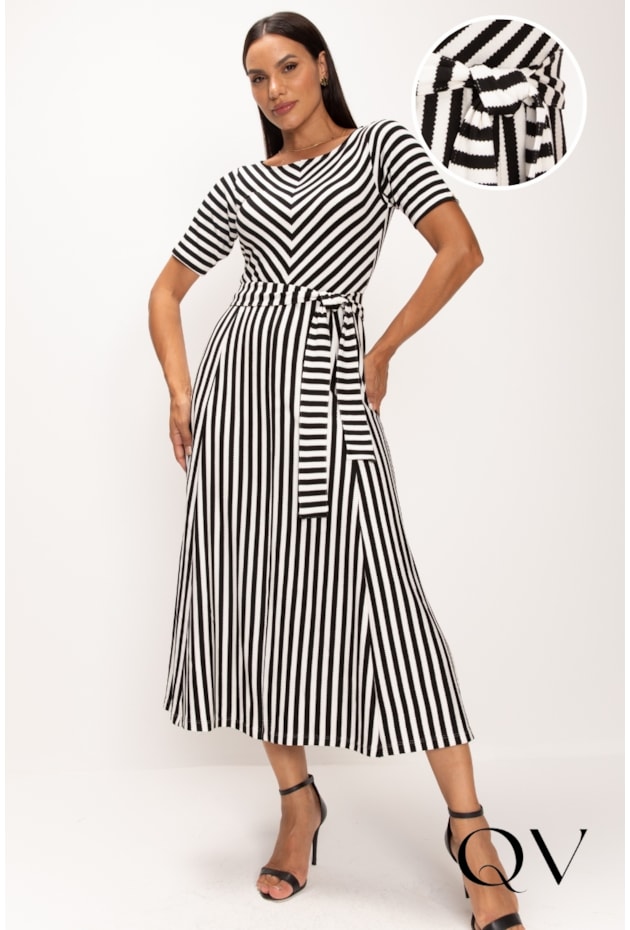 VESTIDO LISTRADO EM MALHA TRICOT P&B - LEKAZIS