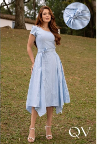 VESTIDO LISTRADO EM TRICOLINE AZUL - JANY PIM VESTIDO LISTRADO EM TRICOLINE AZUL - JANY PIM