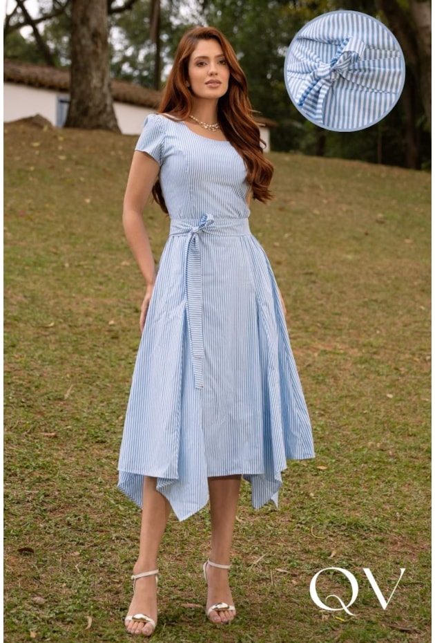 VESTIDO LISTRADO EM TRICOLINE AZUL - JANY PIM
