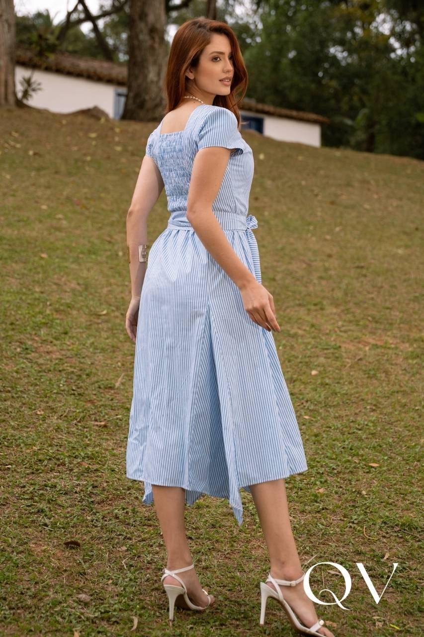 Vestido Godê Em Tricoline Azul Jany Pim QVestido - Moda Executiva