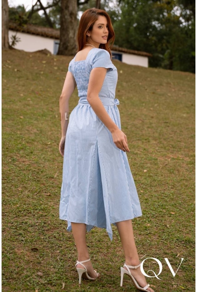 VESTIDO LISTRADO EM TRICOLINE AZUL - JANY PIM