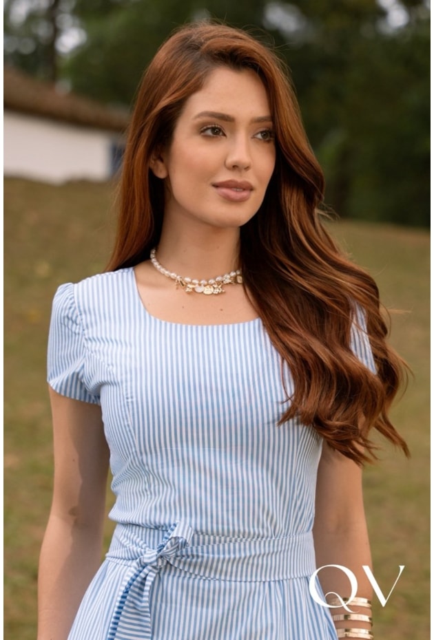 VESTIDO LISTRADO EM TRICOLINE AZUL - JANY PIM