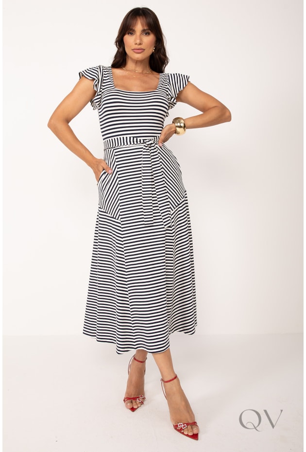 VESTIDO LISTRADO EM VISCOCREPE MARINHO E OFF - LEKAZIS