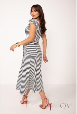 VESTIDO LISTRADO EM VISCOCREPE MARINHO E OFF - LEKAZIS