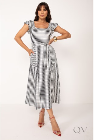 VESTIDO LISTRADO EM VISCOCREPE MARINHO E OFF - LEKAZIS