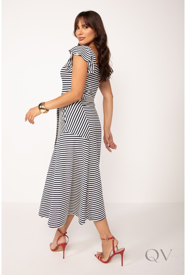 VESTIDO LISTRADO EM VISCOCREPE MARINHO E OFF - LEKAZIS