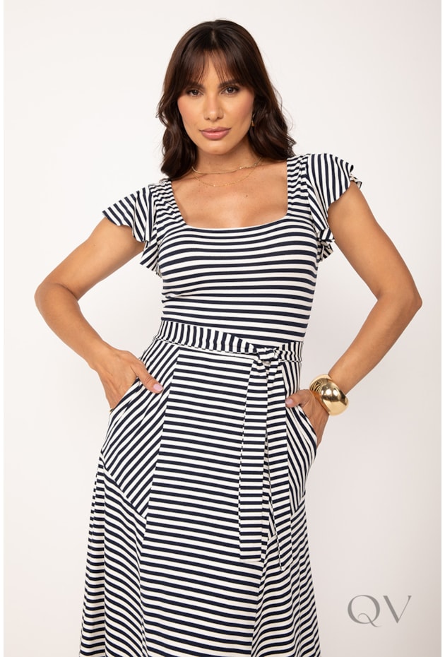 VESTIDO LISTRADO EM VISCOCREPE MARINHO E OFF - LEKAZIS