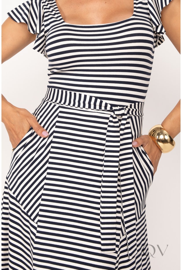 VESTIDO LISTRADO EM VISCOCREPE MARINHO E OFF - LEKAZIS