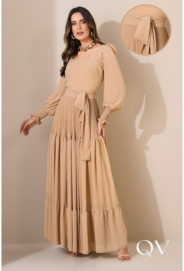 VESTIDO LONGO CHIFFON TOQUE DE SEDA BEGE - JANY PIM