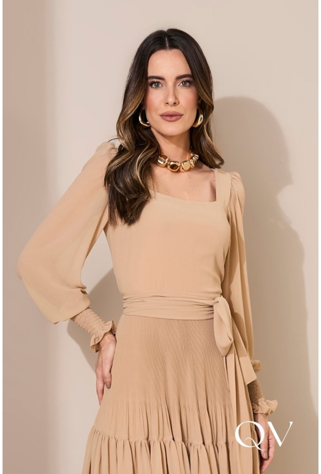 VESTIDO LONGO CHIFFON TOQUE DE SEDA BEGE - JANY PIM