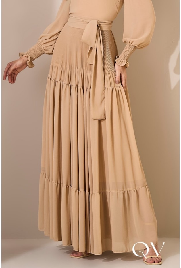 VESTIDO LONGO CHIFFON TOQUE DE SEDA BEGE - JANY PIM