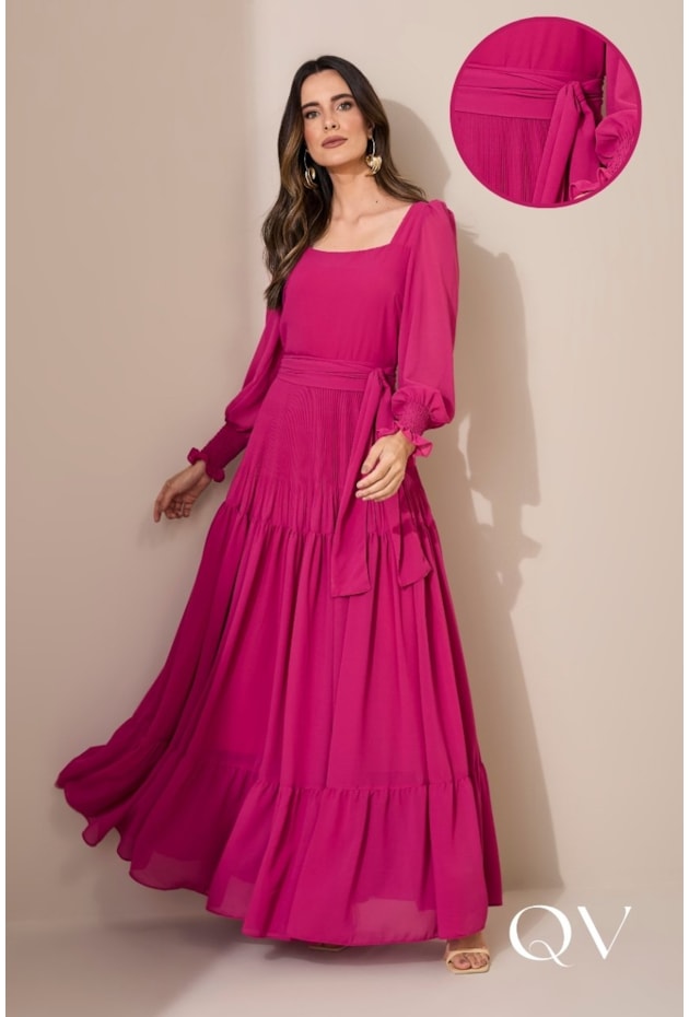 Vestido Longo Chiffon Toque De Seda Pink Jany Pim QVestido Moda