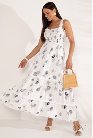 VESTIDO LONGO COM ALÇA ESTAMPADO CONCHAS EM VISCOSE OFF WHITE - LEKAZIS