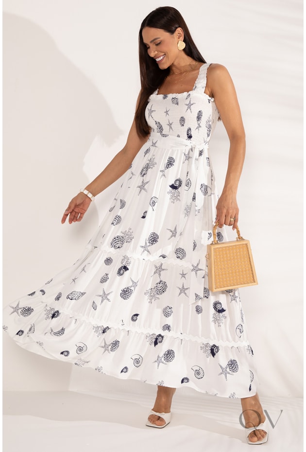 VESTIDO LONGO COM ALÇA ESTAMPADO CONCHAS EM VISCOSE OFF WHITE - LEKAZIS