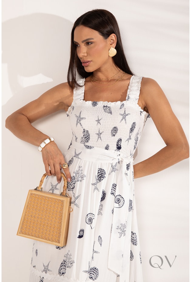 VESTIDO LONGO COM ALÇA ESTAMPADO CONCHAS EM VISCOSE OFF WHITE - LEKAZIS