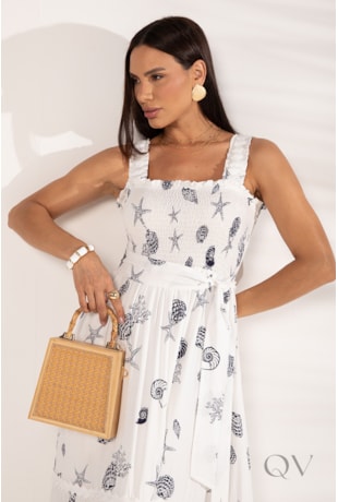 VESTIDO LONGO COM ALÇA ESTAMPADO CONCHAS EM VISCOSE OFF WHITE - LEKAZIS