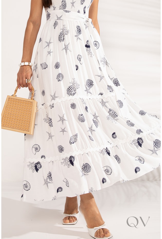 VESTIDO LONGO COM ALÇA ESTAMPADO CONCHAS EM VISCOSE OFF WHITE - LEKAZIS