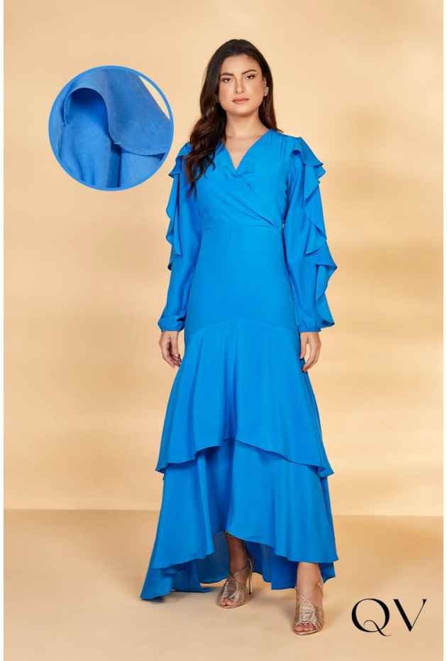 VESTIDO LONGO COM BABADOS AZUL - TITANIUM JEANS VESTIDO LONGO COM BABADOS AZUL - TITANIUM JEANS