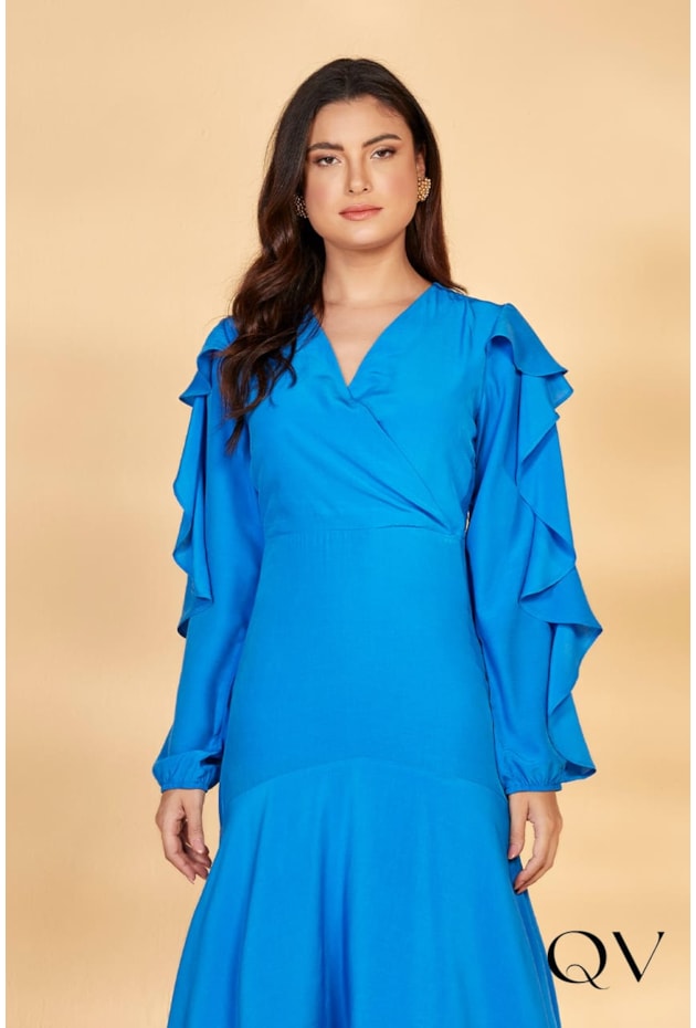 VESTIDO LONGO COM BABADOS AZUL - TITANIUM JEANS VESTIDO LONGO COM BABADOS AZUL - TITANIUM JEANS