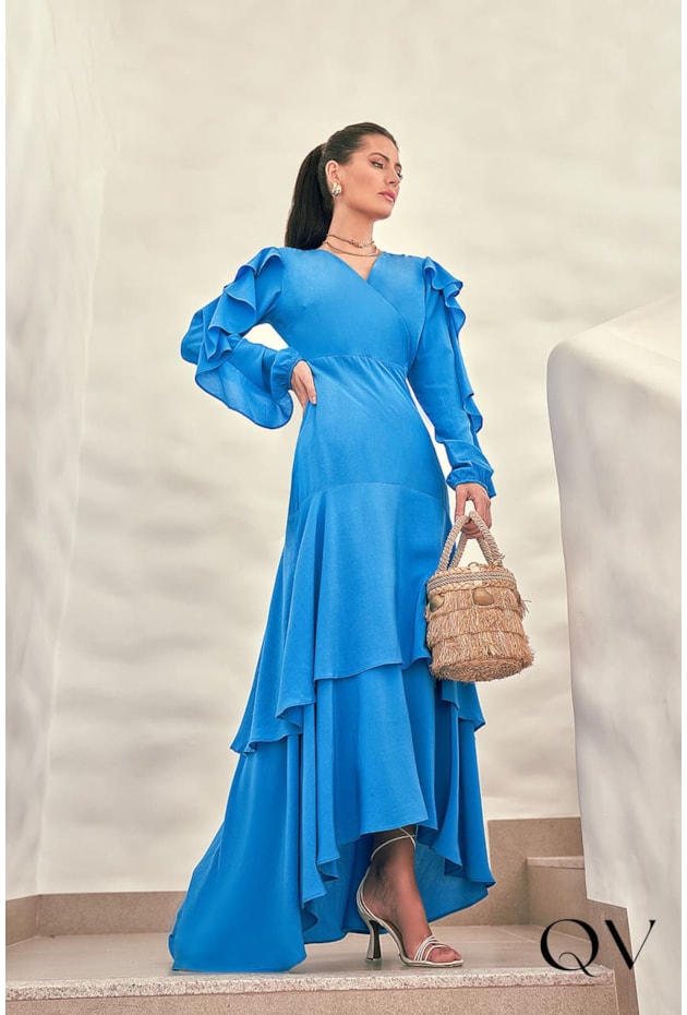 VESTIDO LONGO COM BABADOS AZUL - TITANIUM JEANS VESTIDO LONGO COM BABADOS AZUL - TITANIUM JEANS