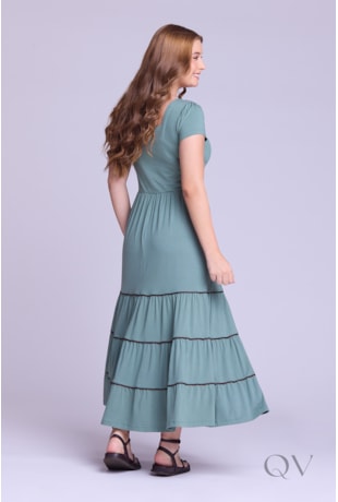 VESTIDO LONGO COM BABADOS EM MALHA VERDE - HAPUK