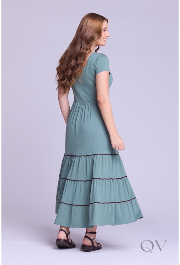 VESTIDO LONGO COM BABADOS EM MALHA VERDE - HAPUK