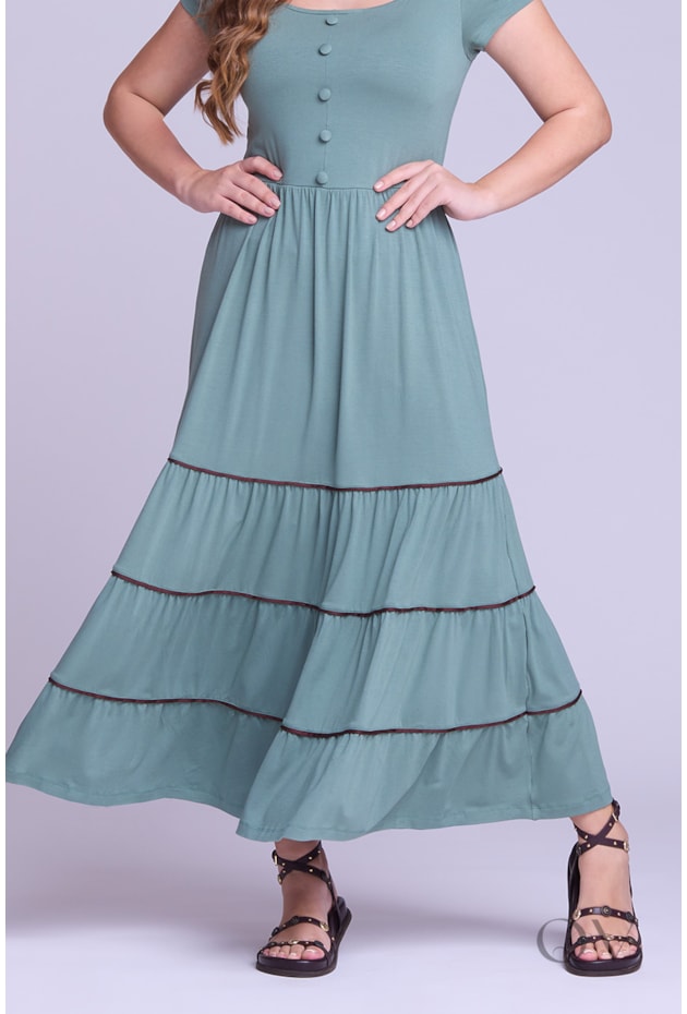 VESTIDO LONGO COM BABADOS EM MALHA VERDE - HAPUK