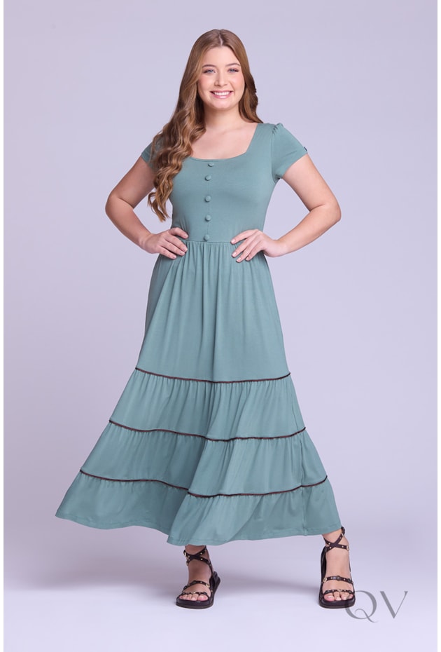 VESTIDO LONGO COM BABADOS EM MALHA VERDE - HAPUK