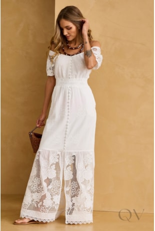 VESTIDO LONGO COM BARRA RENDADA EM OFF WHITE - ARTSY