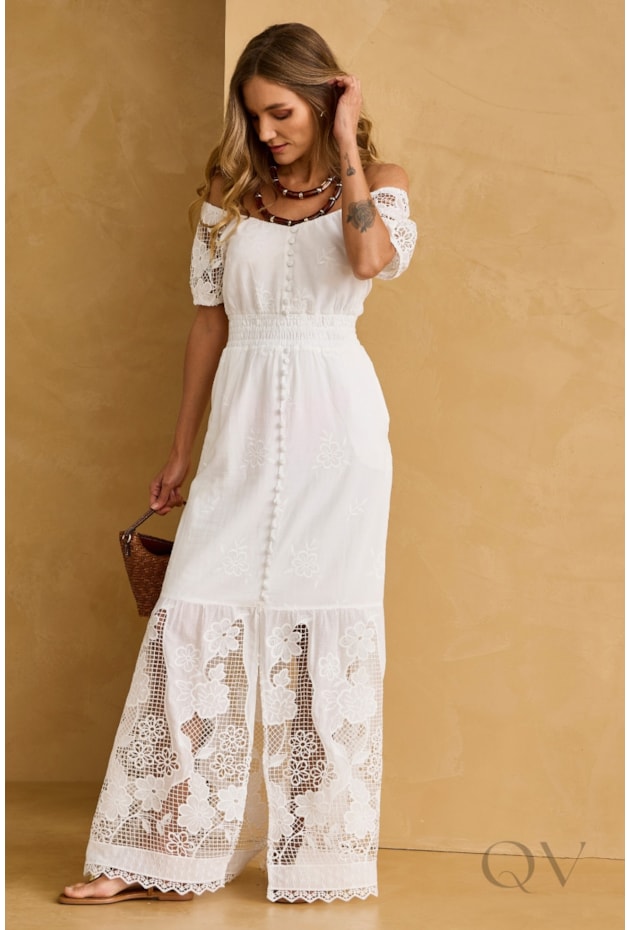 VESTIDO LONGO COM BARRA RENDADA EM OFF WHITE - ARTSY