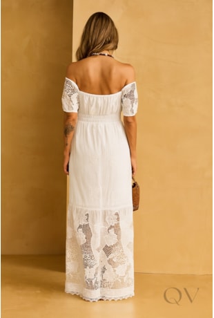 VESTIDO LONGO COM BARRA RENDADA EM OFF WHITE - ARTSY