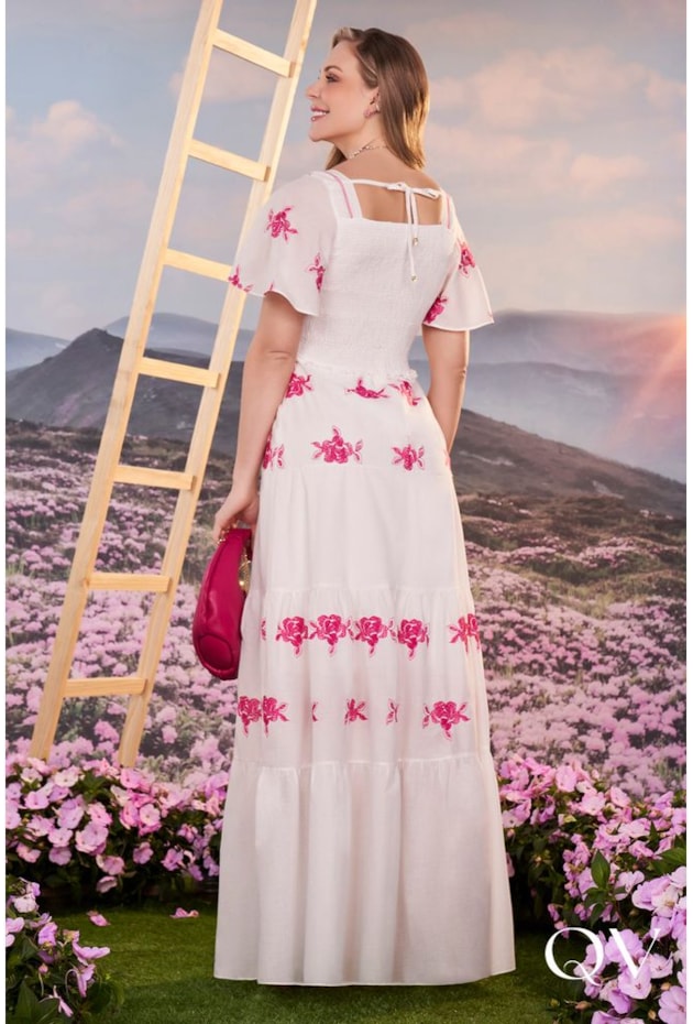 VESTIDO LONGO COM BORDADO INDUSTRIAL FLORAL PINK - FASCÍNIUS