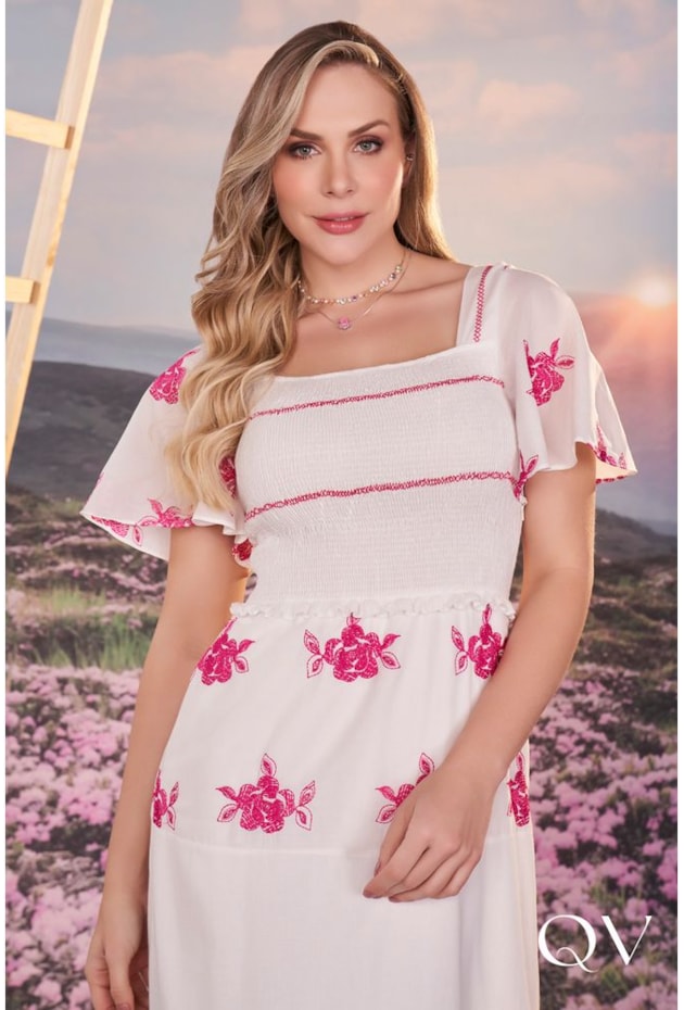 VESTIDO LONGO COM BORDADO INDUSTRIAL FLORAL PINK - FASCÍNIUS