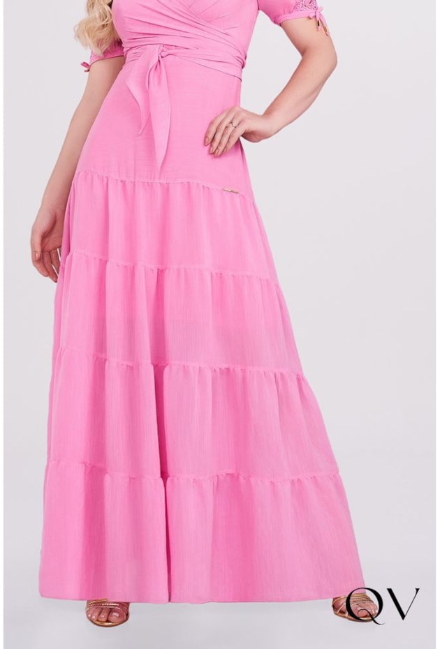 VESTIDO LONGO COM DECOTE TRANSPASSADO ROSA - FASCÍNIUS