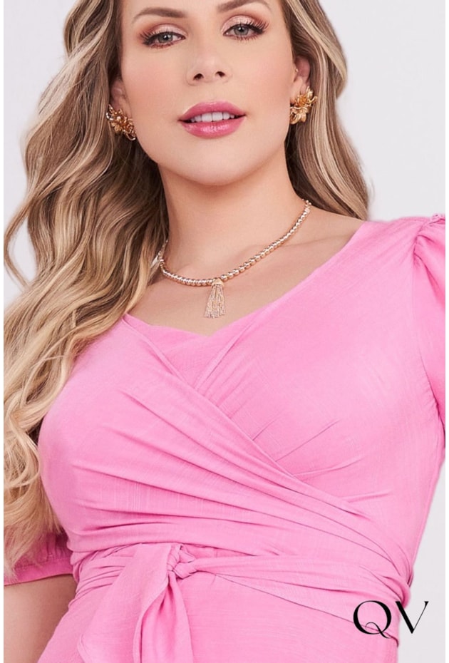 VESTIDO LONGO COM DECOTE TRANSPASSADO ROSA - FASCÍNIUS