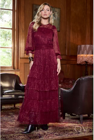 VESTIDO LONGO COM FAIXA EM RENDA MARSALA - LUZIA FAZZOLLI