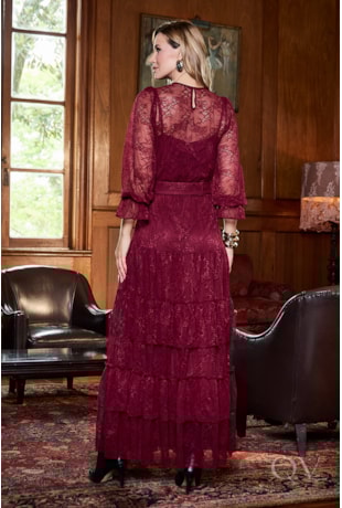 VESTIDO LONGO COM FAIXA EM RENDA MARSALA - LUZIA FAZZOLLI