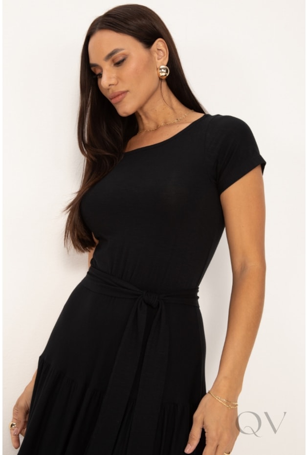 VESTIDO LONGO COM MARIAS EM MALHA PRETO - LEKAZIS